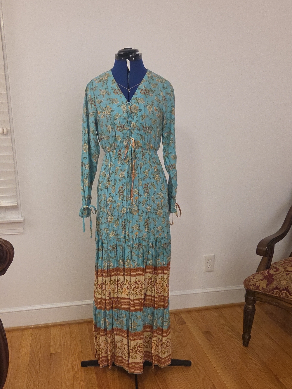 Women's Teal Floral Maxi Dress with Brown Border